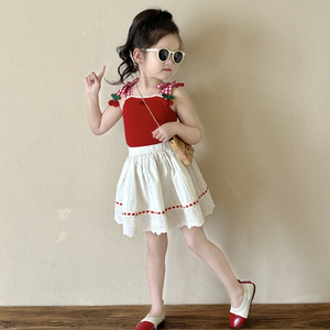 女童樱桃吊带套装2024夏新款女宝韩版时髦背心花边半身裙两件套潮