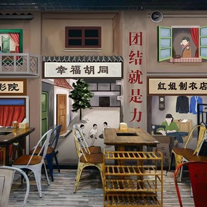 复古8090年代烧烤火锅串串店墙纸怀旧直播间背景布马路边小吃壁纸
