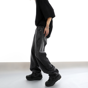黑衣先生 复古水泥灰做旧洗水牛仔裤宽松直筒百搭男美式ins长裤潮