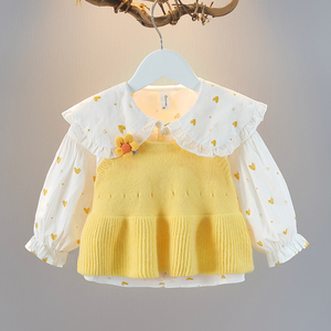 女宝宝秋装长袖衬衫+针织马甲套装1-4岁女童印花衬衣小童甜美衣服