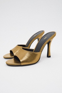 ZA家春季新款 女鞋 金色巧克力棕色金属羊皮革高跟凉鞋