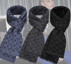 代购正品lv围巾男士羊毛冬季保暖百搭围脖黑灰时尚logo多色现货