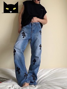 chrome hearts克罗心 22春夏新款水洗拼皮十字架休闲长裤牛仔裤