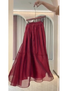 高级气质红色半身裙女夏季2024新款小个子纱裙法式沙滩雪纺裙子长