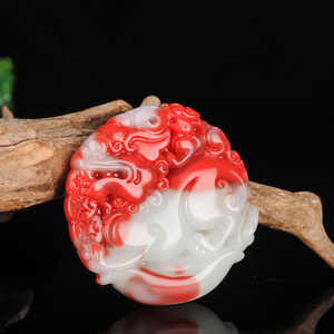 新疆和田红白玉貔貅玉牌男女款鸡血石玉项链吊坠招财挂件 送挂绳