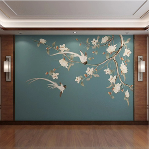 现代简约花鸟墙纸新中式刺绣硬包背景墙壁布客厅沙发壁纸茶室壁画