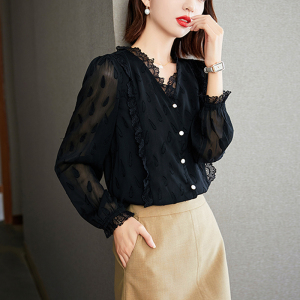 雪纺高端气质小衫2022新款春秋时尚漂亮洋气雷丝上衣女蕾丝打底衫