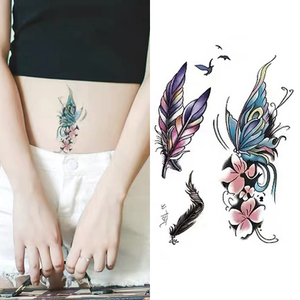 16元包邮 羽毛蝴蝶纹身贴防水女性感诱惑遮疤痕腹部肚脐贴15x21cm