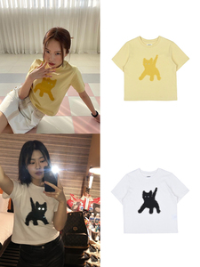 NAMI定制韩国AEAE像素猫咪反光印花棉正肩个性短袖T恤女上衣夏季