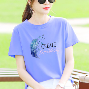 纯棉蓝紫色短袖t恤女宽松2022年夏季新款印花正肩体桖半袖衫上衣