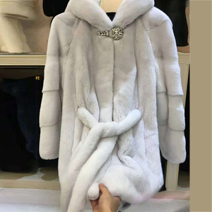 2019新款貂皮大衣女整貂连帽中长款腰带水貂皮草外套天鹅绒束兰