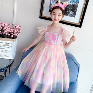 女童公主裙彩色天使裙艾莎连衣裙带翅膀爱莎裙子儿童新款彩虹衣服
