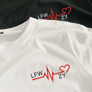 刺绣心电图字母diy定制小众设计加肥加大码情侣装短袖t恤班服设计