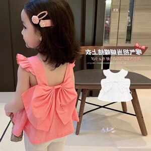女童背心2022新款儿童无袖夏装时髦女宝宝洋气蝴蝶结上衣露背童装