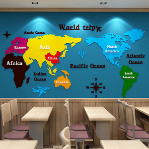 世界地图墙面装饰英语培训机构教室布置班级文化背景墙贴纸3d立体