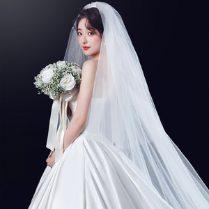 新款头纱新娘主婚纱白色长款香槟色拖尾头饰超仙森系结婚拍照蓬蓬