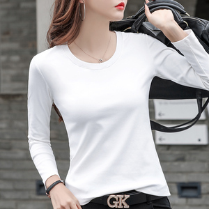 紧身白色长袖t恤女秋冬纯棉内搭圆领打底衫高端韩系内衬加绒上衣