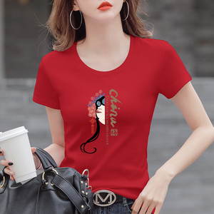 中国红色纯棉短袖t恤女夏季国潮京剧戏曲脸谱修身百搭上衣民族风