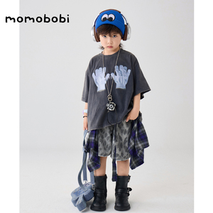 momobobi夏款男童套装韩版个性做旧印花短袖t恤百搭豹纹短裤潮流