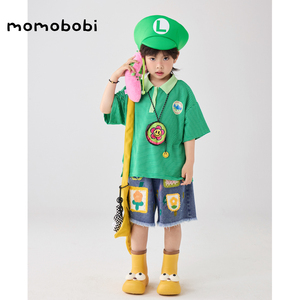 momobobi夏季新款儿童套装韩版个性条纹翻领POLO短袖贴布牛仔短裤