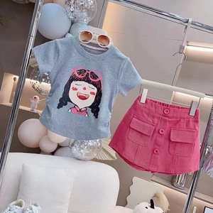 女童T恤2024夏季新款韩版时髦中大童卡通娃娃头短袖儿童裤裙套装t