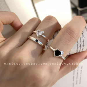 韩国黑色水钻爱心戒指女食指纯银小众设计感时尚个性ins潮冷淡风
