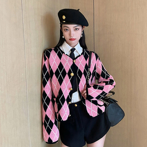 nancycavally小景家针织衫短款女学院风甜酷金扣加厚菱格毛衣开衫