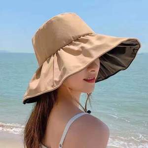 防嗮渔夫帽子女士夏季遮脸防紫外线黑胶太阳帽显脸小可折叠遮阳帽