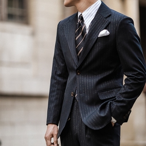 意式休闲男西服欧美复古商务平驳领铂金线修身上衣条纹礼服西装潮
