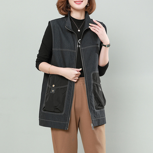 2021春秋新款中年时尚大码宽松休闲背心中长款牛仔马甲外套女坎肩