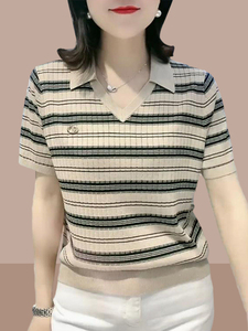 韩国冰丝条纹短袖t恤女2024夏季新款时尚洋气百搭休闲polo领上衣