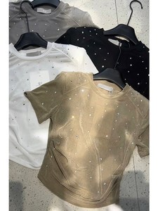 冷淡系独特别致半袖上衣女2024夏季新款修身白色亮片镶钻短袖t恤