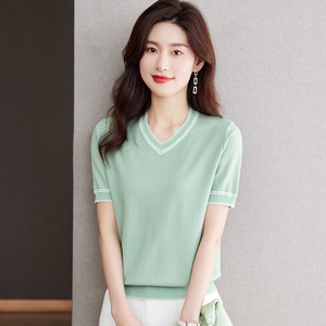 妈妈夏装时尚v领针织短袖冰丝t恤女夏季薄款小衫30岁40中年上衣服