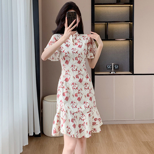 新中式改良旗袍夏季小个子年轻款少女高级感蕾丝刺绣连衣裙中国风