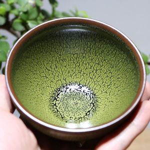 建缘天成建盏茶杯张国平纯手工绿鹧鸪斑主人杯陶瓷单杯茶盏9.5x5.