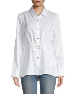 ny42st美国直邮代购dkny亚麻拉绳腰白色长袖衬衫休闲百搭