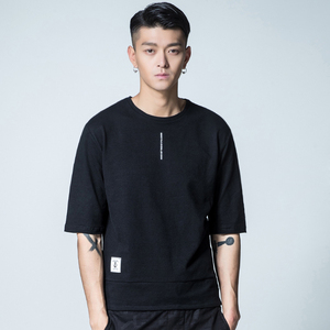 中袖男t恤夏季七分袖男拼接五分袖t韩版圆领半袖宽松加大短袖t恤