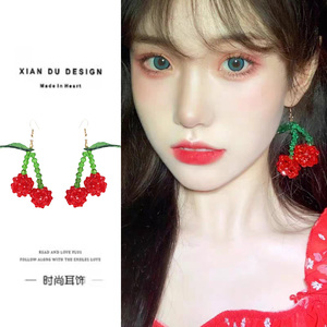 韩国925银串珠红色樱桃耳环小众设计甜美可爱少女度假风耳饰耳夹