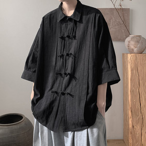 中国风盘扣棉麻道袍男款新中式七分袖衬衫oversize高级感短袖外套
