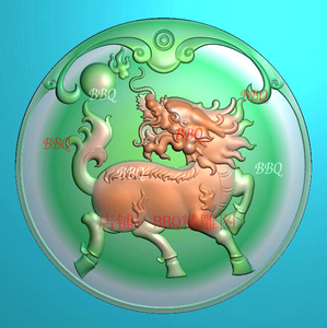 精雕图麒麟圆牌雕刻图玉雕图仿古招财瑞兽动物吉祥