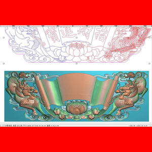 浮雕图精雕图麒麟卷天书荷花顶花佛龛神柜挡板栏板祥云电脑雕刻图