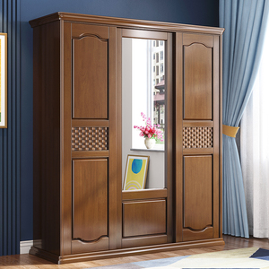 中式实木衣柜推拉带镜子衣橱现代简约移门整体卧室现代简约衣柜