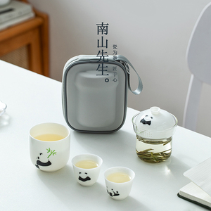 南山先生熊猫快客杯玻璃一壶三杯户外随身旅行茶具便携式茶杯套装