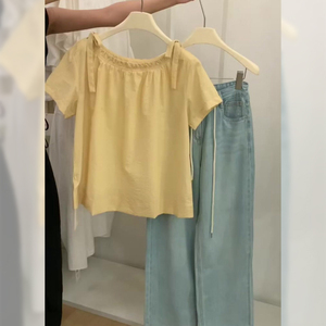高级感气质棉麻黄色上衣女2024夏季新款时尚百搭通勤休闲显瘦短袖