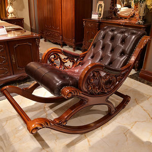 21欧式真皮摇椅实木框架懒人椅美式阳台躺椅休闲椅老人椅摇摇抖音