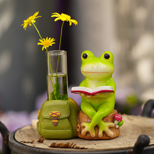 创意青蛙看书水培玻璃小花瓶仿真干花插可爱客厅桌面试管花器摆件