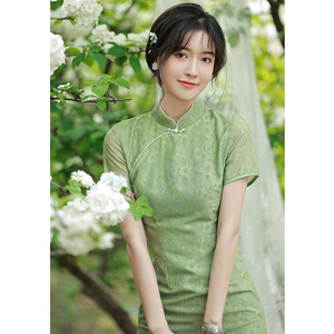 青绿色改良旗袍年轻少女款夏2022年新款日常气质学生复古修身长裙