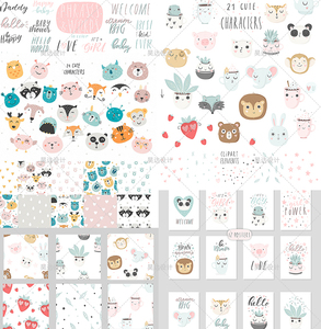 可爱卡通动物笑脸头像小熊猫咪鹿png免扣eps矢量图片装饰儿童素材