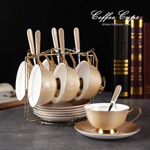 爱马仕适配下午骨瓷咖啡杯欧式茶具套装茶杯送架陶瓷杯陶瓷带勺金