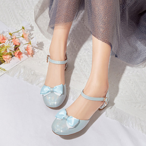 小女孩包头凉鞋中空儿童蓝色艾莎公主鞋女童蝴蝶结高跟鞋表眼出鞋